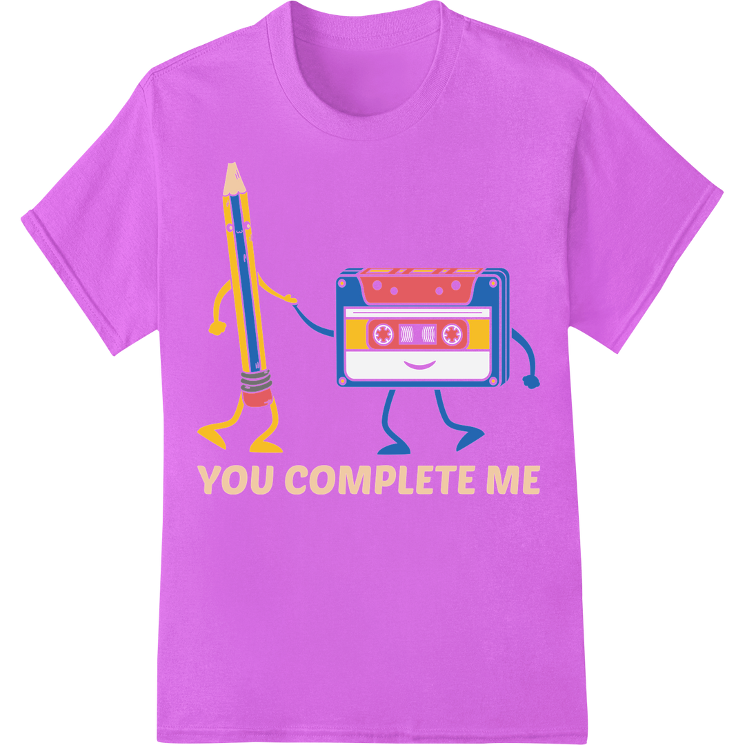 Retro 'You Complete Me' Cassette Tape DTF Print Heat Transfer on purple shirt - SUPERDTF-DTF Prints-DTF Transfers-Custom DTF Prints