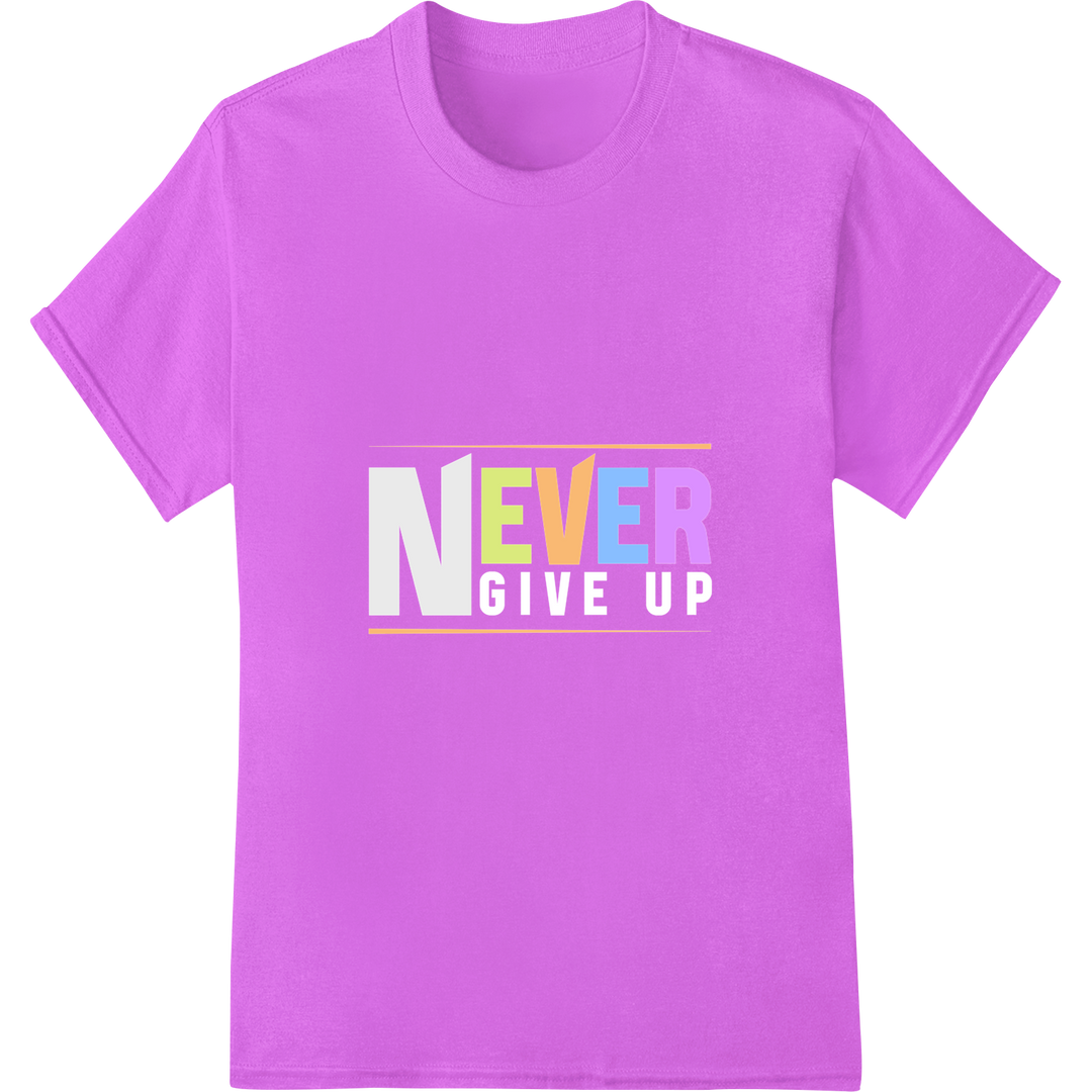 Bold 'NEVER' DTF Print: Inspire Fitness & Motivate Achievement on purple shirt - SUPERDTF-DTF Prints-DTF Transfers-Custom DTF Prints