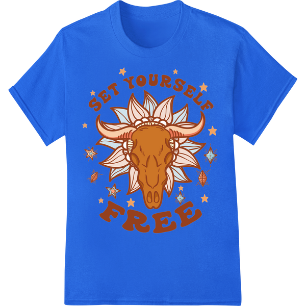 Boho Skull: Unleash Your Wild Side with Fiery Style on blue shirt - SUPERDTF-DTF Prints-DTF Transfers-Custom DTF Prints