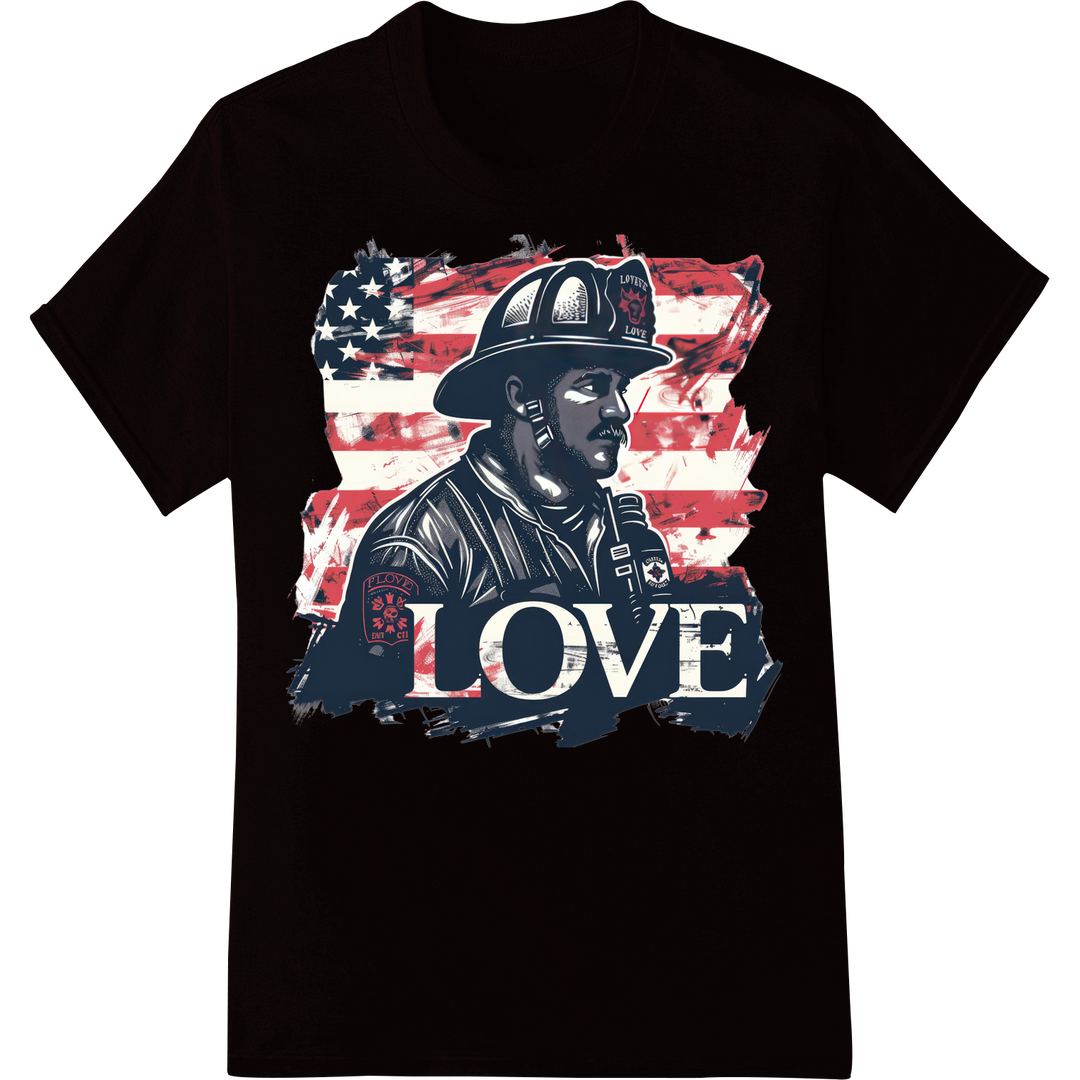 Firefighter American Flag Love DTF Print Heat Transfer on black shirt - SUPERDTF-DTF Prints-DTF Transfers-Custom DTF Prints