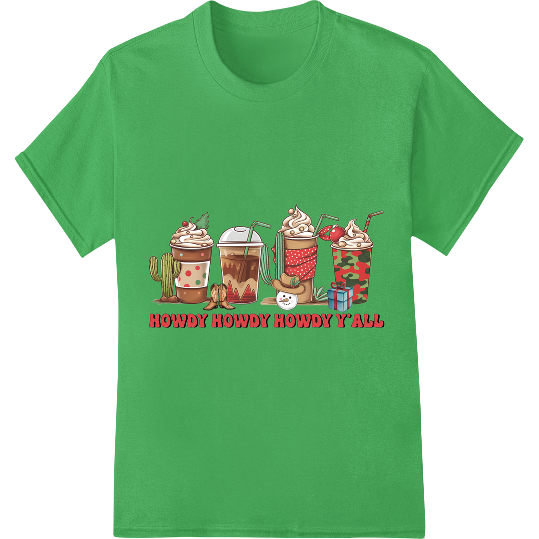 Festive Howdy Christmas Drinks - Kawaii Western Holiday DTF Print on green shirt - SUPERDTF-DTF Prints-DTF Transfers-Custom DTF Prints