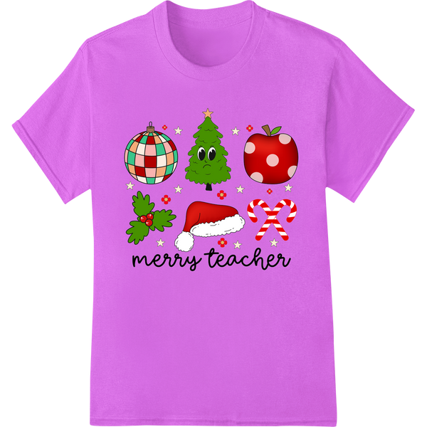 Festive 'Merry Teacher' Christmas DTF Print Heat Transfer on purple shirt - SUPERDTF-DTF Prints-DTF Transfers-Custom DTF Prints