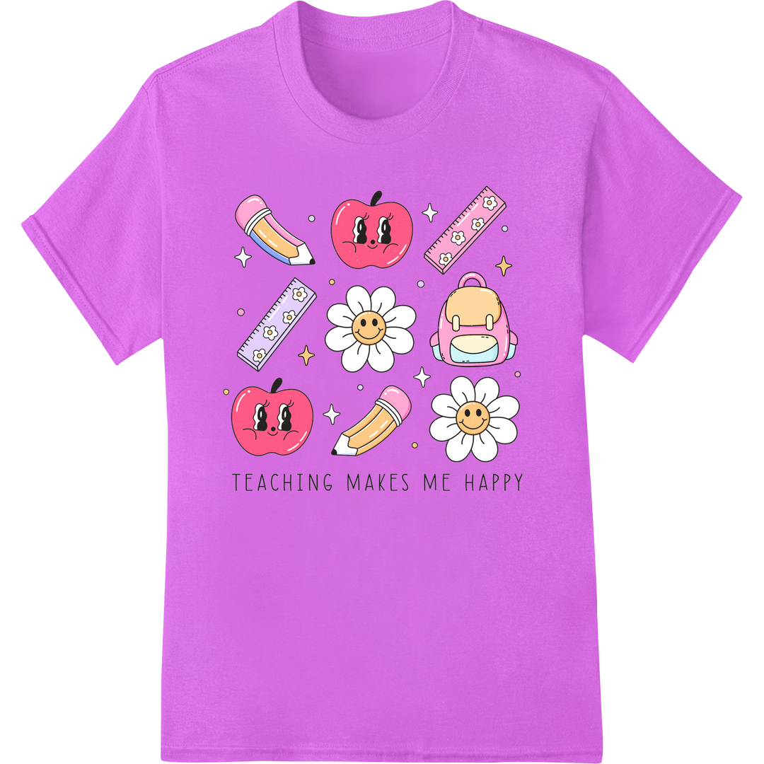 Groovy 'Teaching Makes Me Happy' DTF Print Heat Transfer on purple shirt - SUPERDTF-DTF Prints-DTF Transfers-Custom DTF Prints