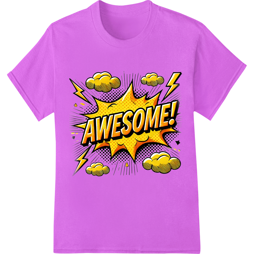 Bold 'AWESOME!' Comic Pop Art DTF Print Heat Transfer on purple shirt - SUPERDTF-DTF Prints-DTF Transfers-Custom DTF Prints