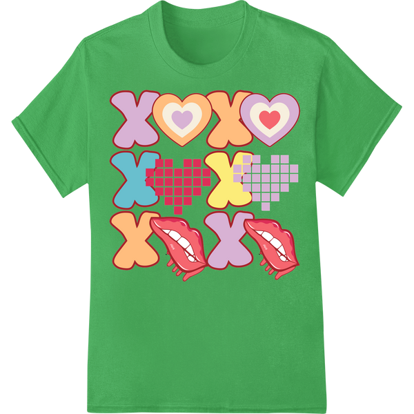 Retro XOXO Hearts: Vibrant Valentine's Day DTF Print on green shirt - SUPERDTF-DTF Prints-DTF Transfers-Custom DTF Prints