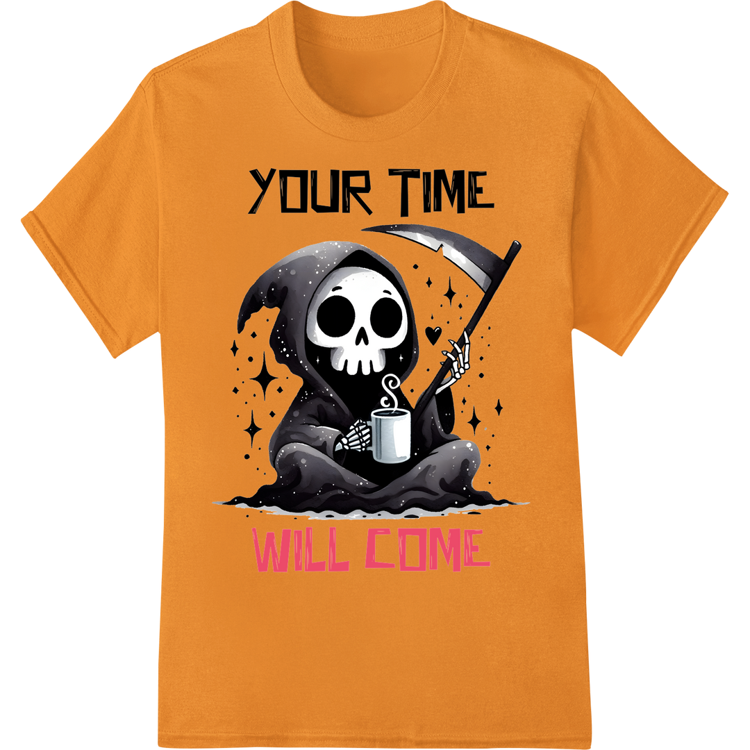 Haunting 'Your Time Will Come' Grim Reaper DTF Heat Transfer on orange shirt - SUPERDTF-DTF Prints-DTF Transfers-Custom DTF Prints