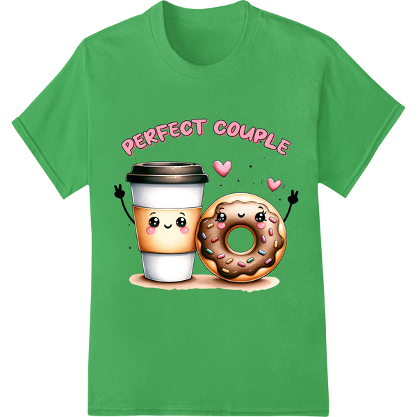 Adorable Coffee & Donut Couple Valentine's DTF Transfer on green shirt - SUPERDTF-DTF Prints-DTF Transfers-Custom DTF Prints