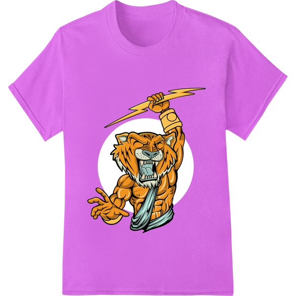 Durable bulk t-shirt printing applied to Fierce Tiger Lightning Mascot Heat Transfer by Super DTF