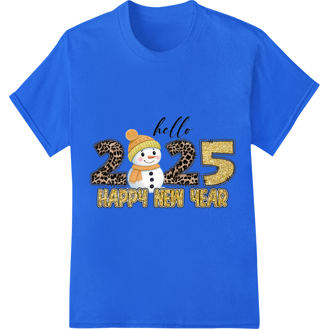 Adorable Snowman Welcomes 2025 - New Year DTF Print on blue shirt - SUPERDTF-DTF Prints-DTF Transfers-Custom DTF Prints