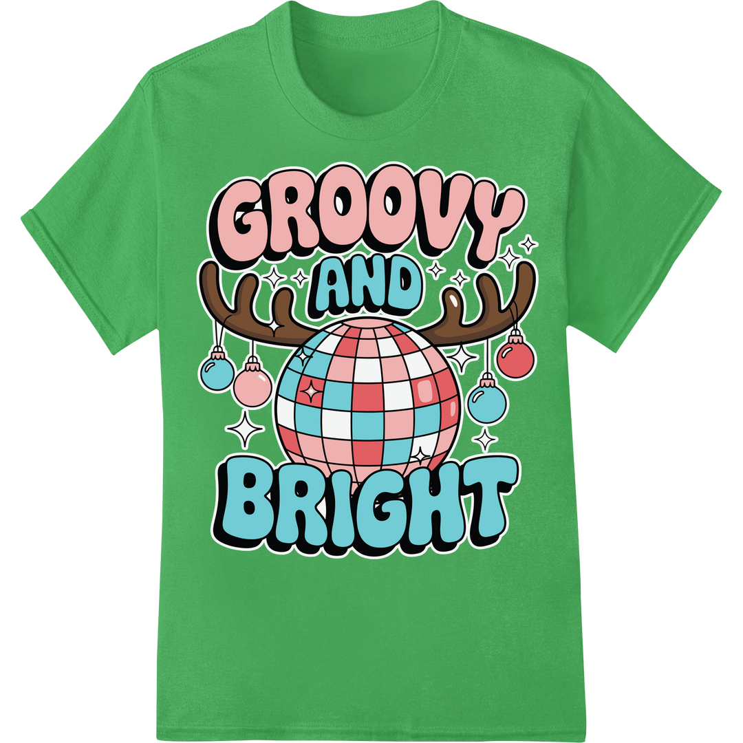 Retro Christmas Disco Ball DTF Print | Groovy and Bright on green shirt - SUPERDTF-DTF Prints-DTF Transfers-Custom DTF Prints