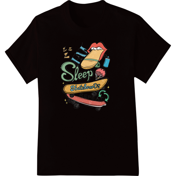 Retro Skateboarder's Mantra: Eat, Sleep, Skate, Repeat on black shirt - SUPERDTF-DTF Prints-DTF Transfers-Custom DTF Prints