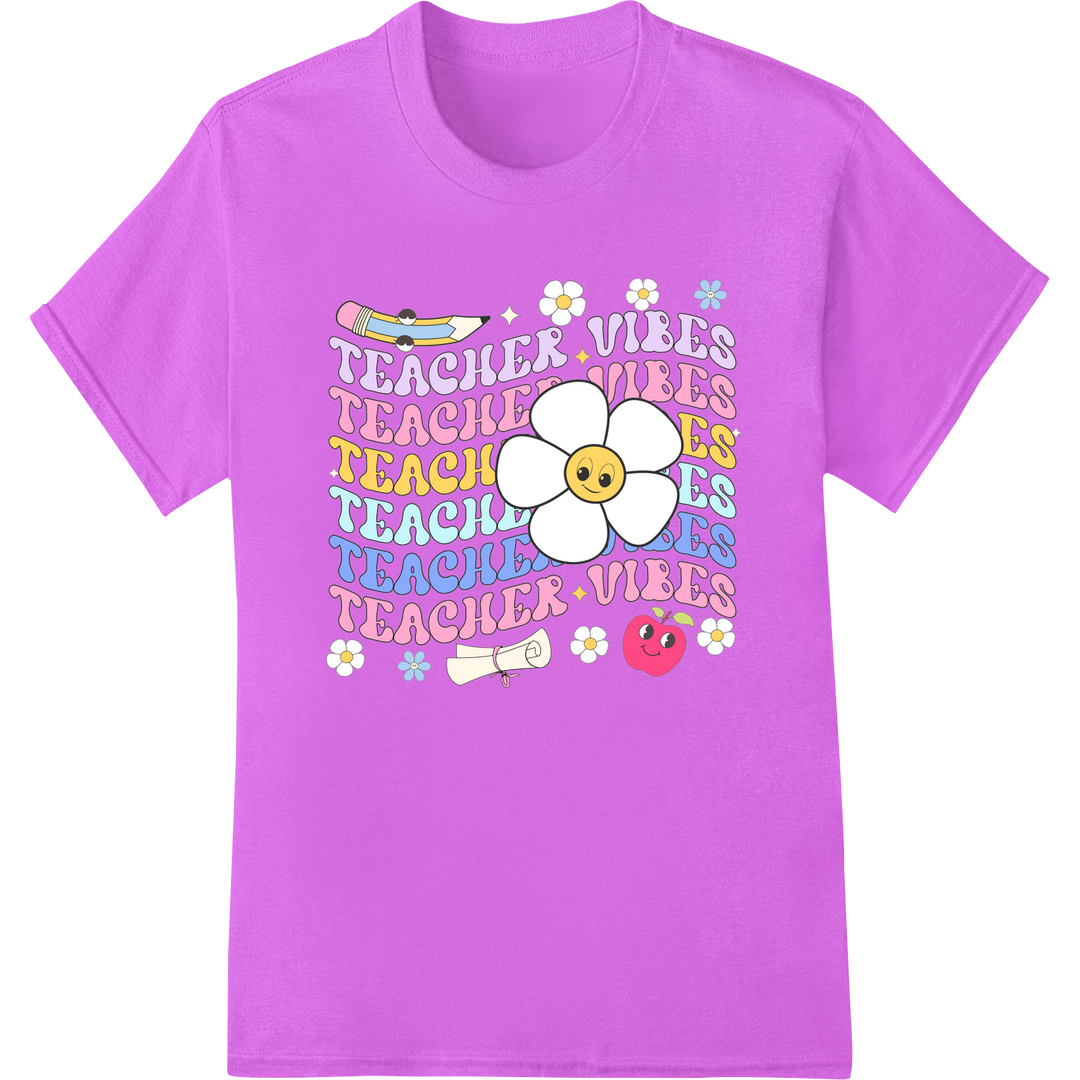 Groovy 'Teacher Vibes' Retro Rainbow DTF Print Heat Transfer on purple shirt - SUPERDTF-DTF Prints-DTF Transfers-Custom DTF Prints