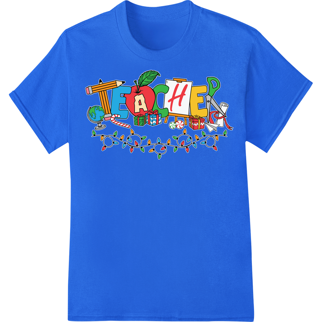 Festive Christmas Teacher DTF Print Heat Transfer on blue shirt - SUPERDTF-DTF Prints-DTF Transfers-Custom DTF Prints