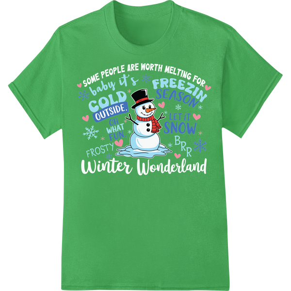 Adorable Snowman - Winter Fun DTF Print Heat Transfer on green shirt - SUPERDTF-DTF Prints-DTF Transfers-Custom DTF Prints