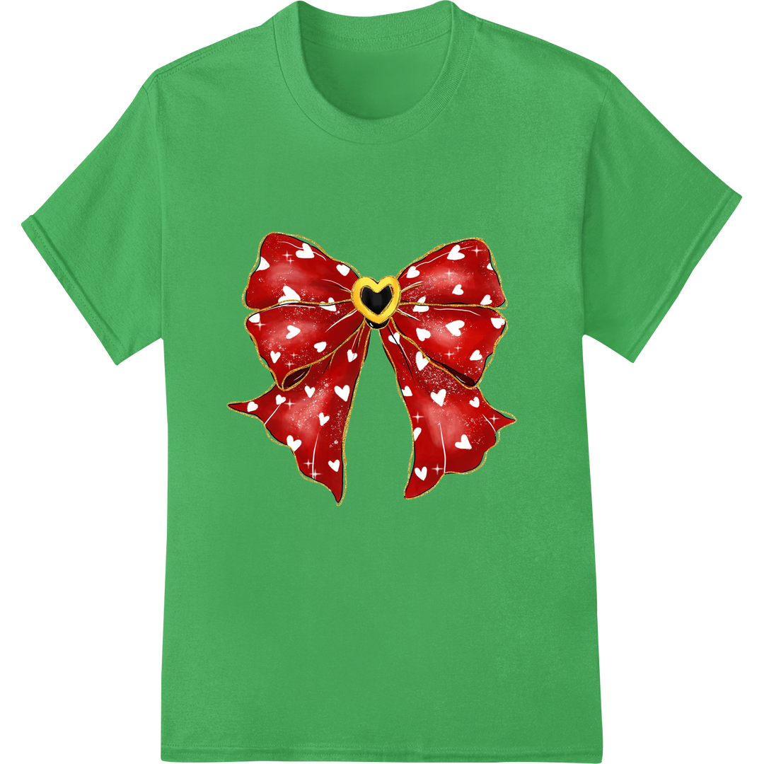 Flirty Hearts Bow: Romantic Valentine's Day DTF Print on green shirt - SUPERDTF-DTF Prints-DTF Transfers-Custom DTF Prints