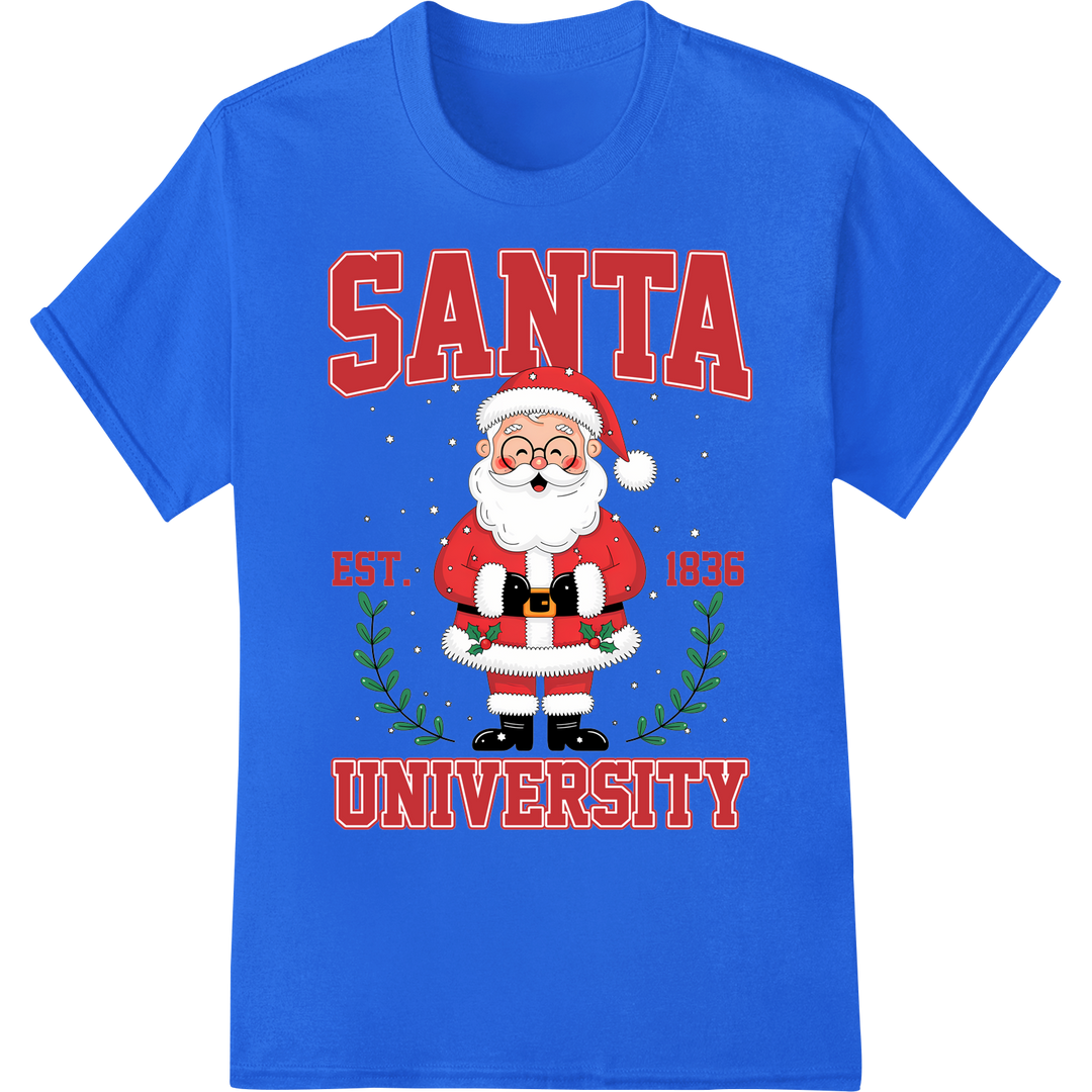 Vintage Santa University | Festive Christmas DTF Print on blue shirt - SUPERDTF-DTF Prints-DTF Transfers-Custom DTF Prints