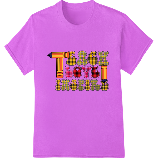 Retro Teacher Inspiration: TEACH LOVE INSPIRE DTF Print on purple shirt - SUPERDTF-DTF Prints-DTF Transfers-Custom DTF Prints