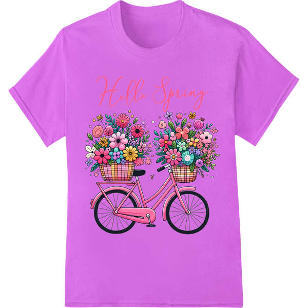 Vibrant 'Hello Spring' Bicycle & Flowers DTF Print Transfer on purple shirt - SUPERDTF-DTF Prints-DTF Transfers-Custom DTF Prints