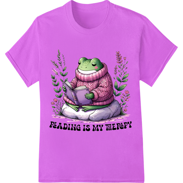 Adorable Frog Bookworm - Reading is My Therapy DTF Print on purple shirt - SUPERDTF-DTF Prints-DTF Transfers-Custom DTF Prints