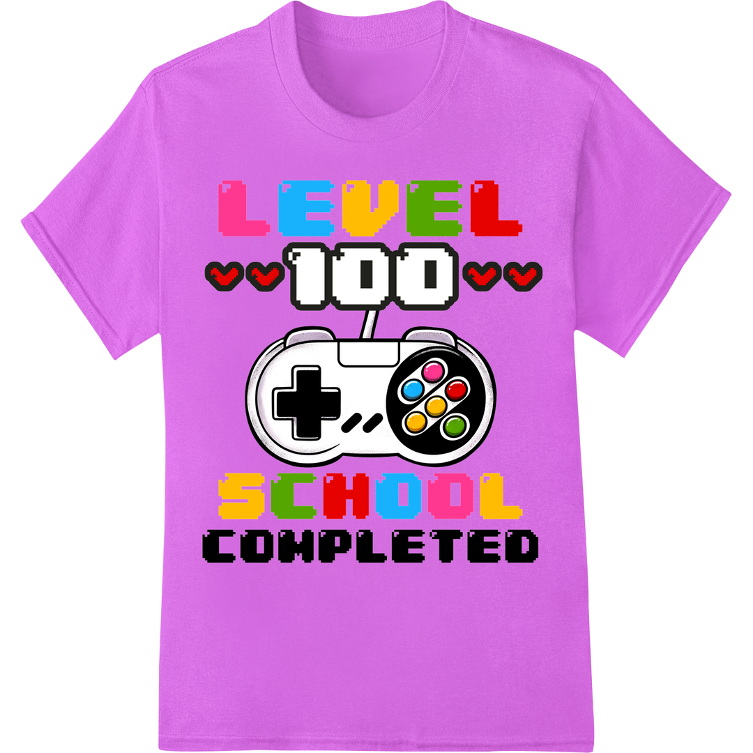 Level Up 100th Day of School with Retro Gaming DTF Print on purple shirt - SUPERDTF-DTF Prints-DTF Transfers-Custom DTF Prints