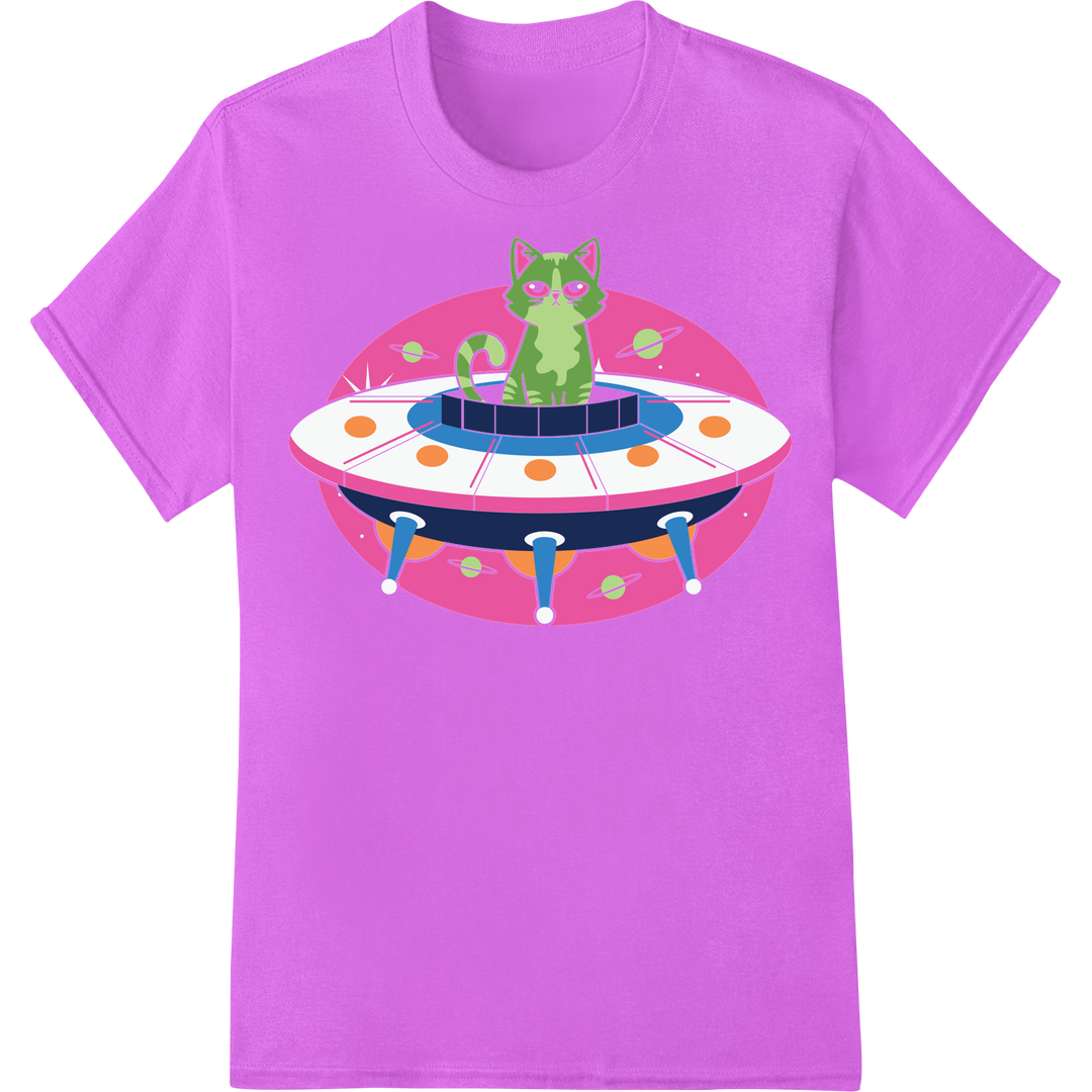 Sarcastic Alien Cat in UFO DTF Print Heat Transfer on purple shirt - SUPERDTF-DTF Prints-DTF Transfers-Custom DTF Prints