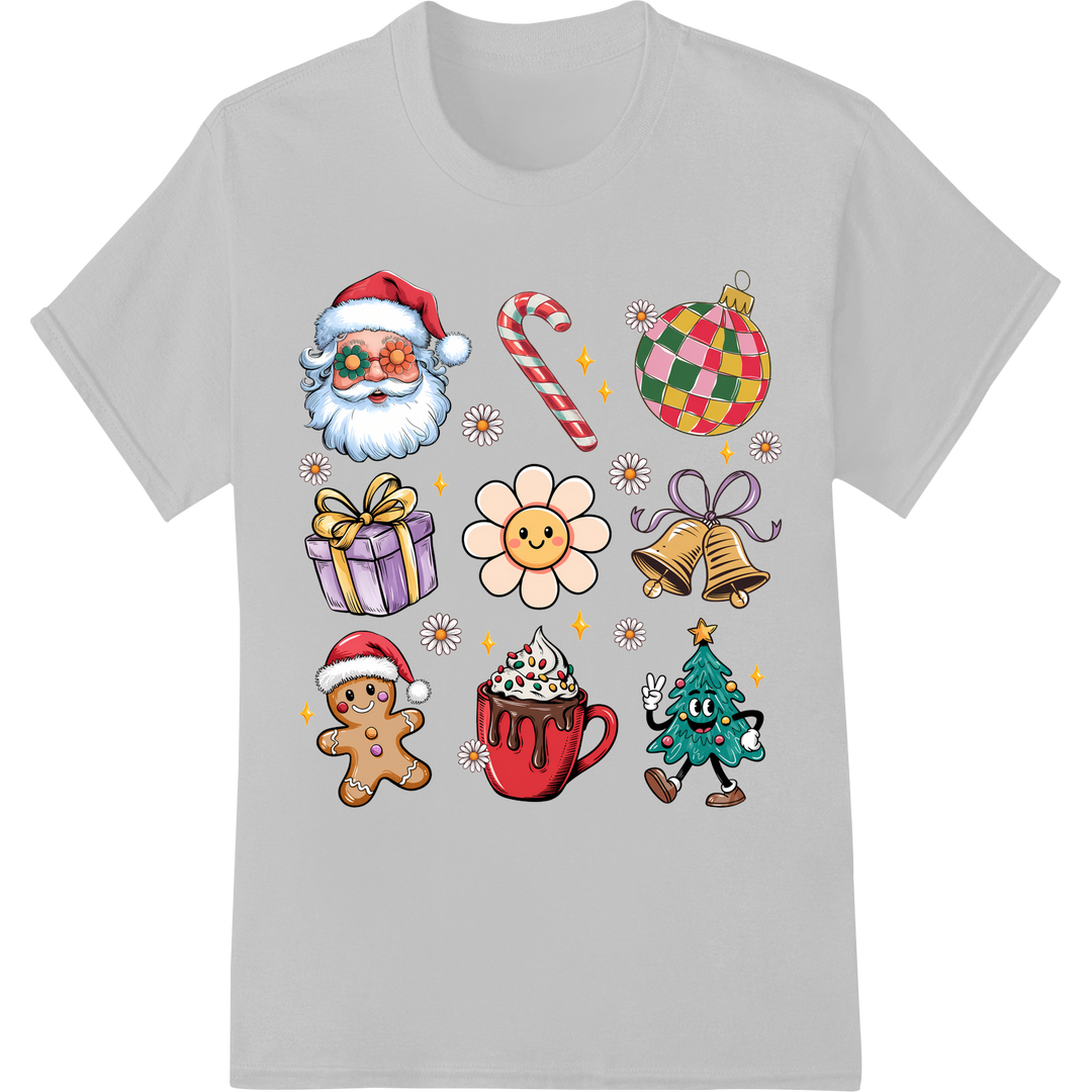 Retro Christmas Ornaments: Groovy Holiday DTF Heat Transfer on white shirt - SUPERDTF-DTF Prints-DTF Transfers-Custom DTF Prints