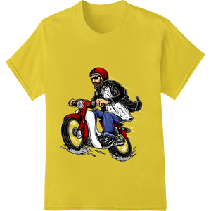 Durable personalized clothing applied to Retro Cartoon Biker Dude on Classic Red Motorcycle