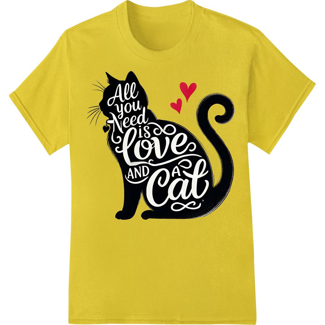 All You Need is Love and a Cat - Adorable Feline DTF Print on yellow shirt - SUPERDTF-DTF Prints-DTF Transfers-Custom DTF Prints