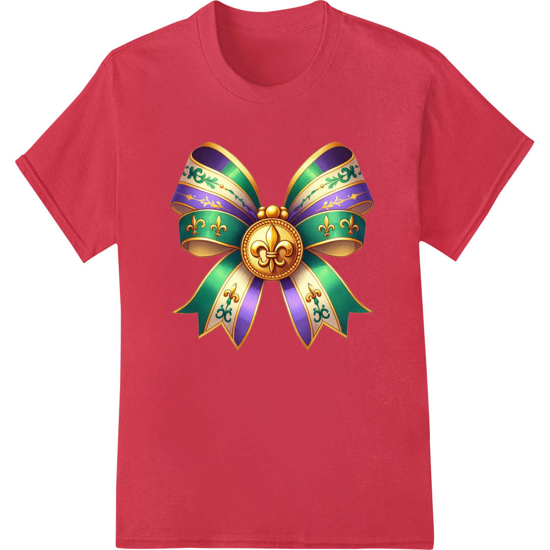 Regal Mardi Gras Bow Heat Transfer - Festive Gold, Purple & Green on red shirt - SUPERDTF-DTF Prints-DTF Transfers-Custom DTF Prints