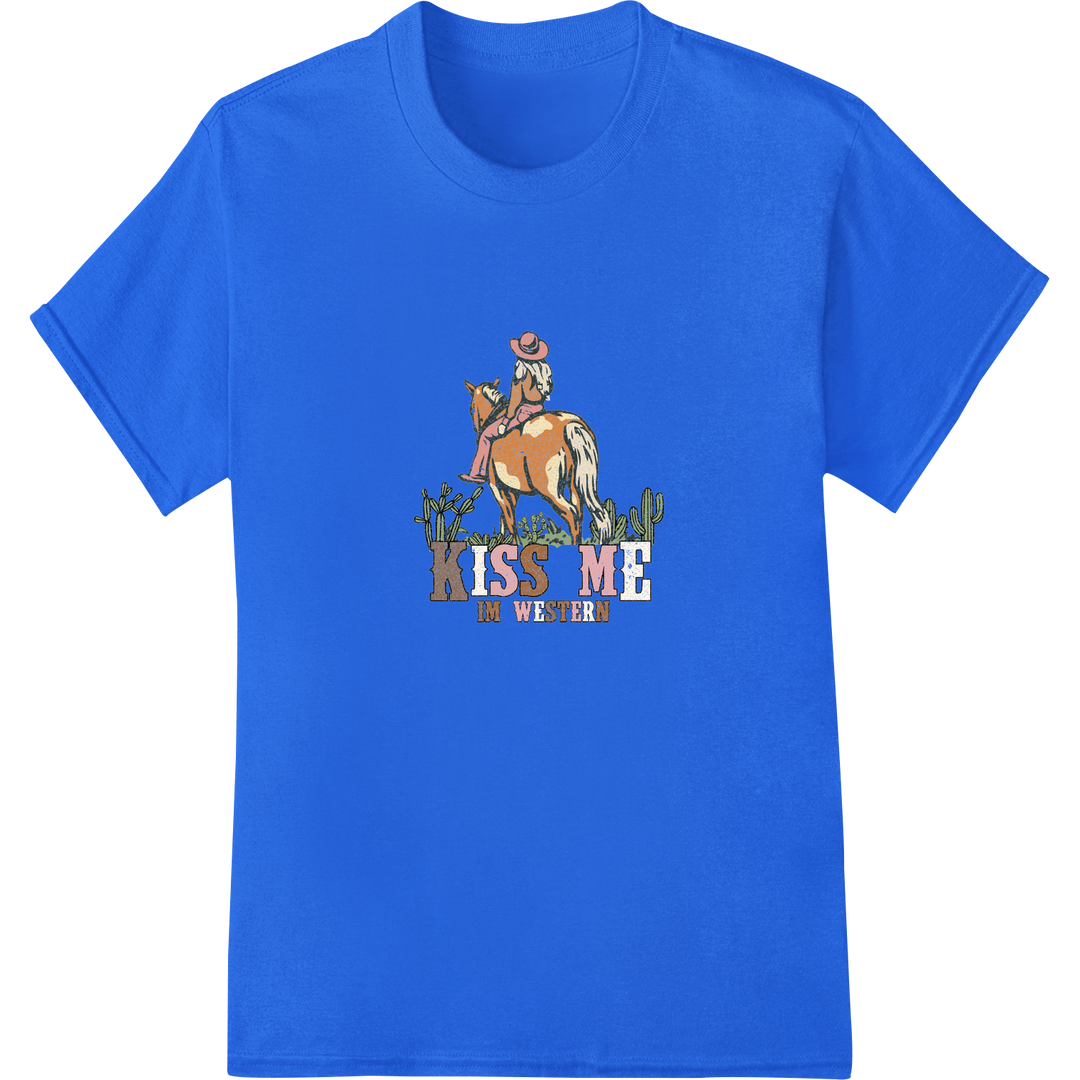 Retro Western Kiss Me I'm Western DTF Print Heat Transfer on blue shirt - SUPERDTF-DTF Prints-DTF Transfers-Custom DTF Prints