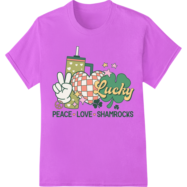 Festive Shamrock Peace Love Lucky St. Patrick's Day DTF Print on purple shirt - SUPERDTF-DTF Prints-DTF Transfers-Custom DTF Prints