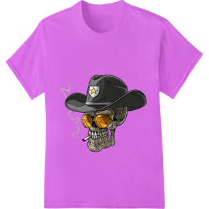 Innovative bulk t-shirt printing design on Smokin' Cowboy Skull - Edgy Orange and Black DTF Print