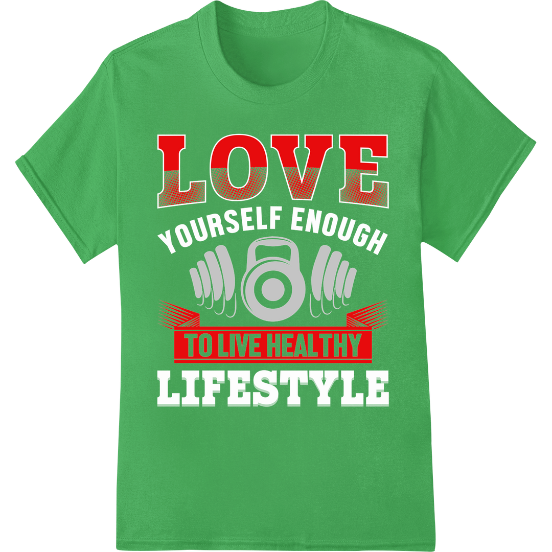 Bold 'LOVE TO LIVE HEALTHY' Fitness DTF Print Heat Transfer on green shirt - SUPERDTF-DTF Prints-DTF Transfers-Custom DTF Prints