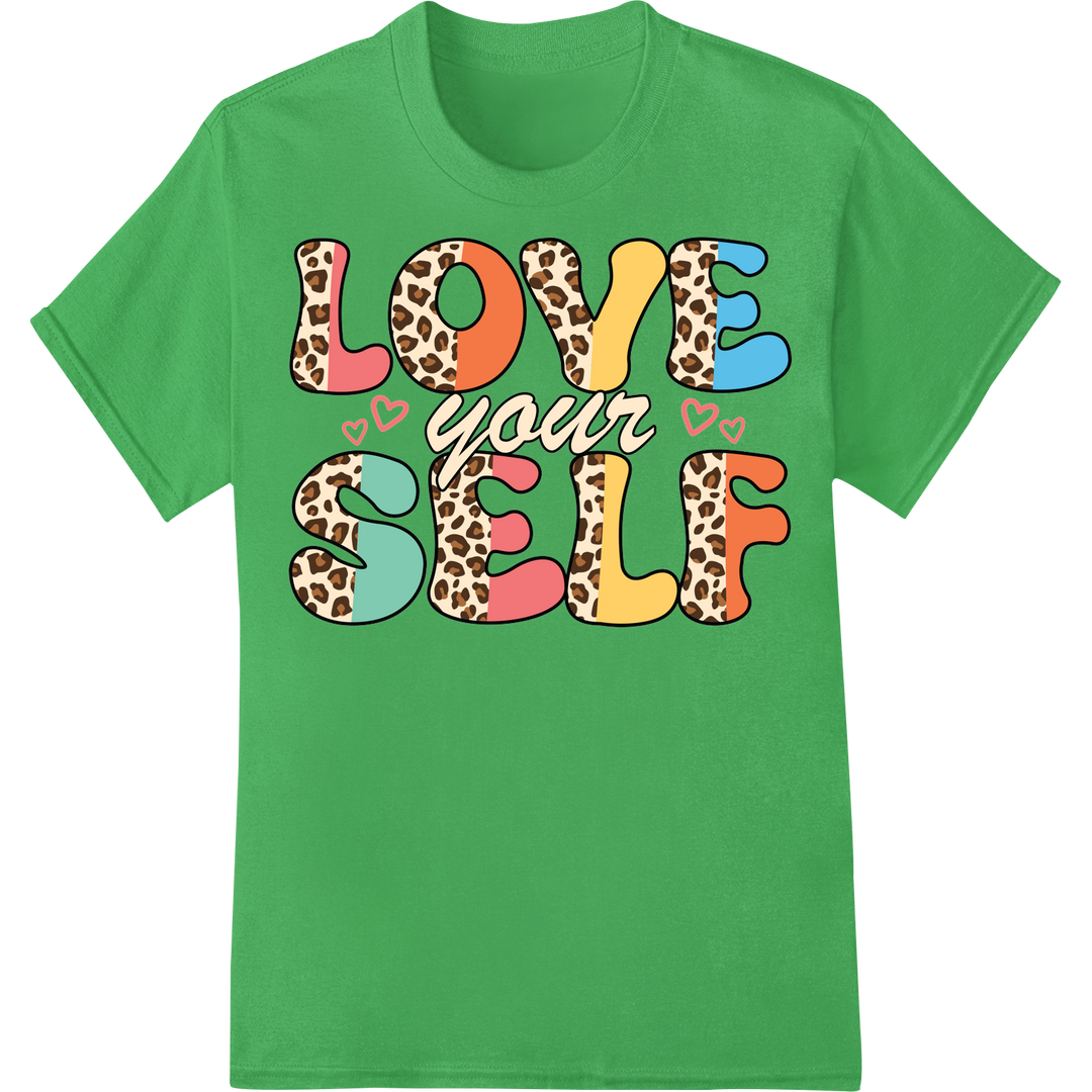 Embrace Self-Love with our Vibrant Leopard Print Heart DTF on green shirt - SUPERDTF-DTF Prints-DTF Transfers-Custom DTF Prints