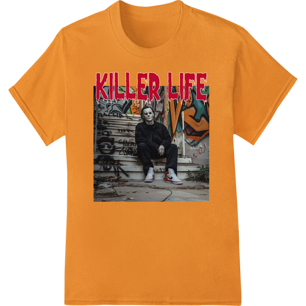 Bold black and red heat transfer design with 'Killer Life' text and urban graphic elements for direct-to-film printing.