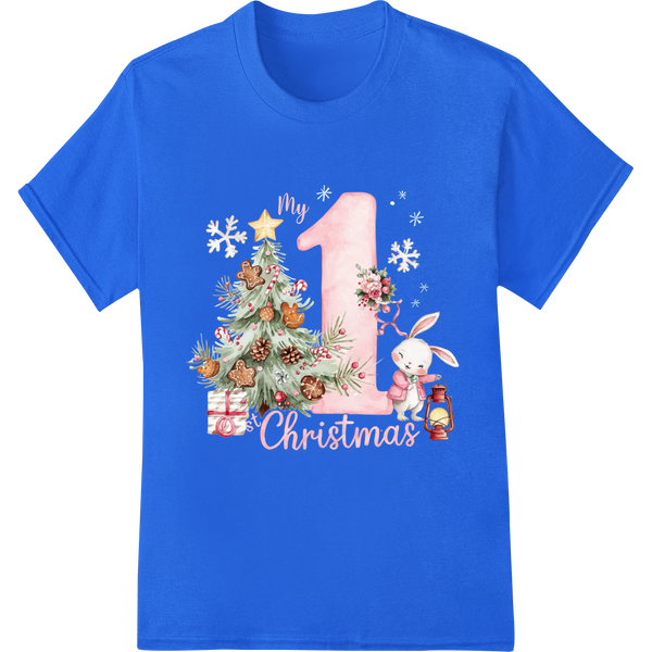 Adorable Baby's 1st Christmas Watercolor DTF Heat Transfer on blue shirt - SUPERDTF-DTF Prints-DTF Transfers-Custom DTF Prints