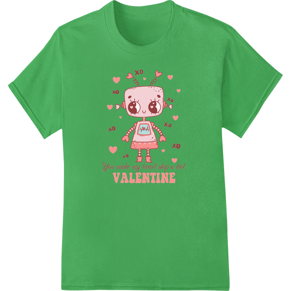 Retro Robot Valentine: Adorable DTF Print Heat Transfer on green shirt - SUPERDTF-DTF Prints-DTF Transfers-Custom DTF Prints