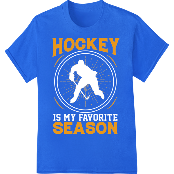 Score Big with This Dynamic Hockey Season DTF Print on blue shirt - SUPERDTF-DTF Prints-DTF Transfers-Custom DTF Prints