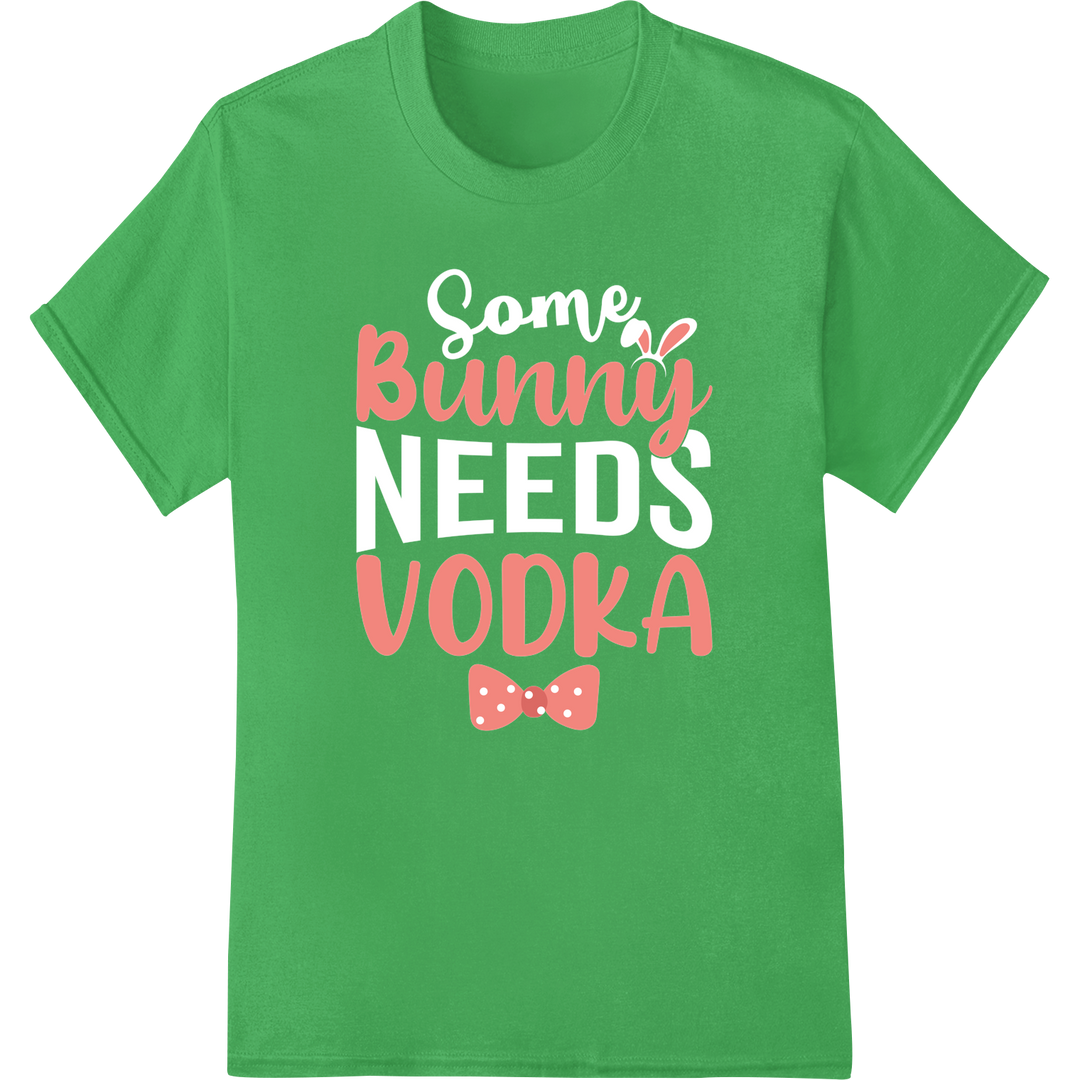 Playful Pink "Bunny Vodka" Easter DTF Print Heat Transfer on green shirt - SUPERDTF-DTF Prints-DTF Transfers-Custom DTF Prints