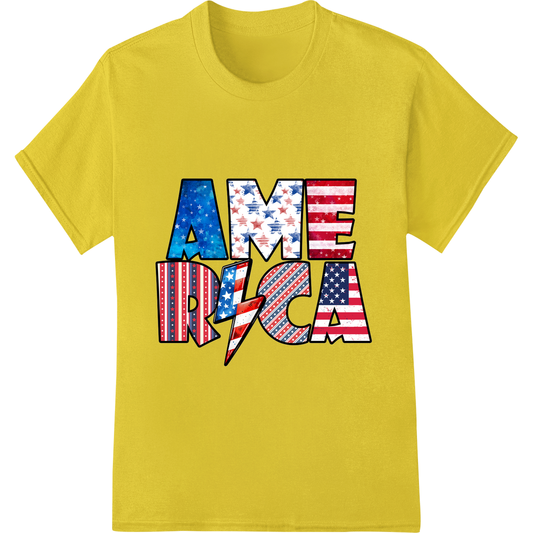 Bold Patriotic "AMERICA" Flag Typography DTF Print Transfer on yellow shirt - SUPERDTF-DTF Prints-DTF Transfers-Custom DTF Prints