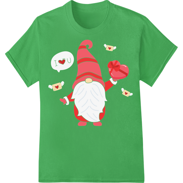 Charming Valentine's Gnome DTF Heat Transfer Design on green shirt - SUPERDTF-DTF Prints-DTF Transfers-Custom DTF Prints