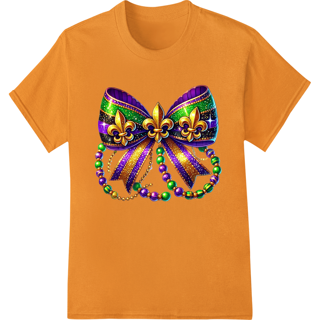 Festive Mardi Gras Bow DTF Print Heat Transfer | Vibrant Colors on orange shirt - SUPERDTF-DTF Prints-DTF Transfers-Custom DTF Prints