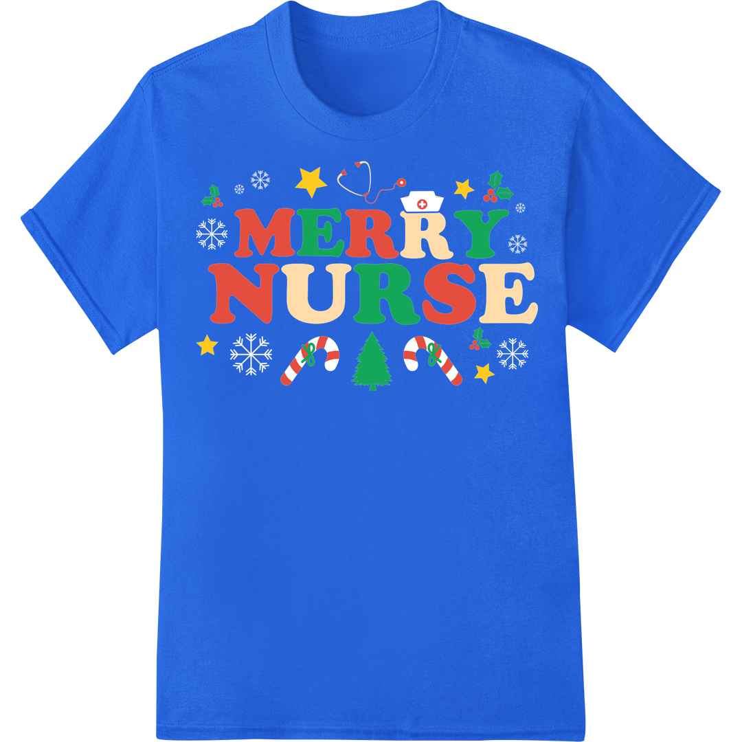 Retro Merry Nurse | Festive Christmas DTF Print Design on blue shirt - SUPERDTF-DTF Prints-DTF Transfers-Custom DTF Prints