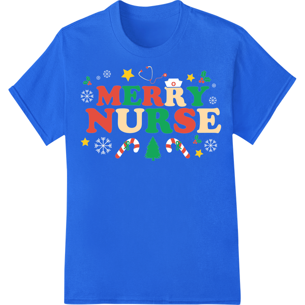 Retro Merry Nurse | Festive Christmas DTF Print Design on blue shirt - SUPERDTF-DTF Prints-DTF Transfers-Custom DTF Prints