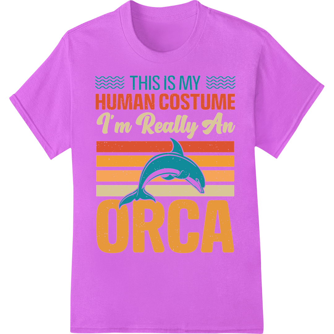 Retro 'Human Costume Orca' DTF Print Heat Transfer | Humorous on purple shirt - SUPERDTF-DTF Prints-DTF Transfers-Custom DTF Prints