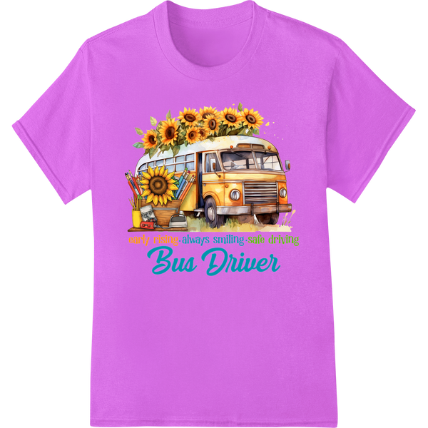 Sunflower School Bus Driver Print Transfer - Smiles & Safety on purple shirt - SUPERDTF-DTF Prints-DTF Transfers-Custom DTF Prints