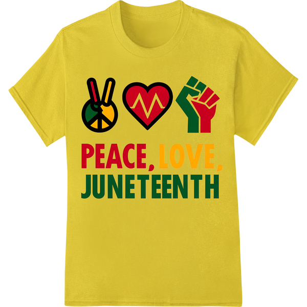 Celebrate Juneteenth with Peace, Love, & Pride DTF Print on yellow shirt - SUPERDTF-DTF Prints-DTF Transfers-Custom DTF Prints