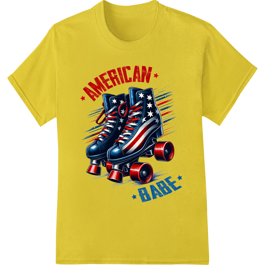 Patriotic American Babe Rollerskates DTF Print Heat Transfer on yellow shirt - SUPERDTF-DTF Prints-DTF Transfers-Custom DTF Prints