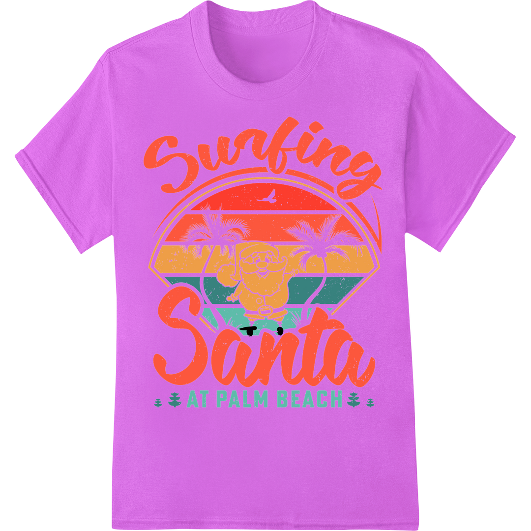 Retro Santa Surfing Palm Beach Heat Transfer Print DTF on purple shirt - SUPERDTF-DTF Prints-DTF Transfers-Custom DTF Prints