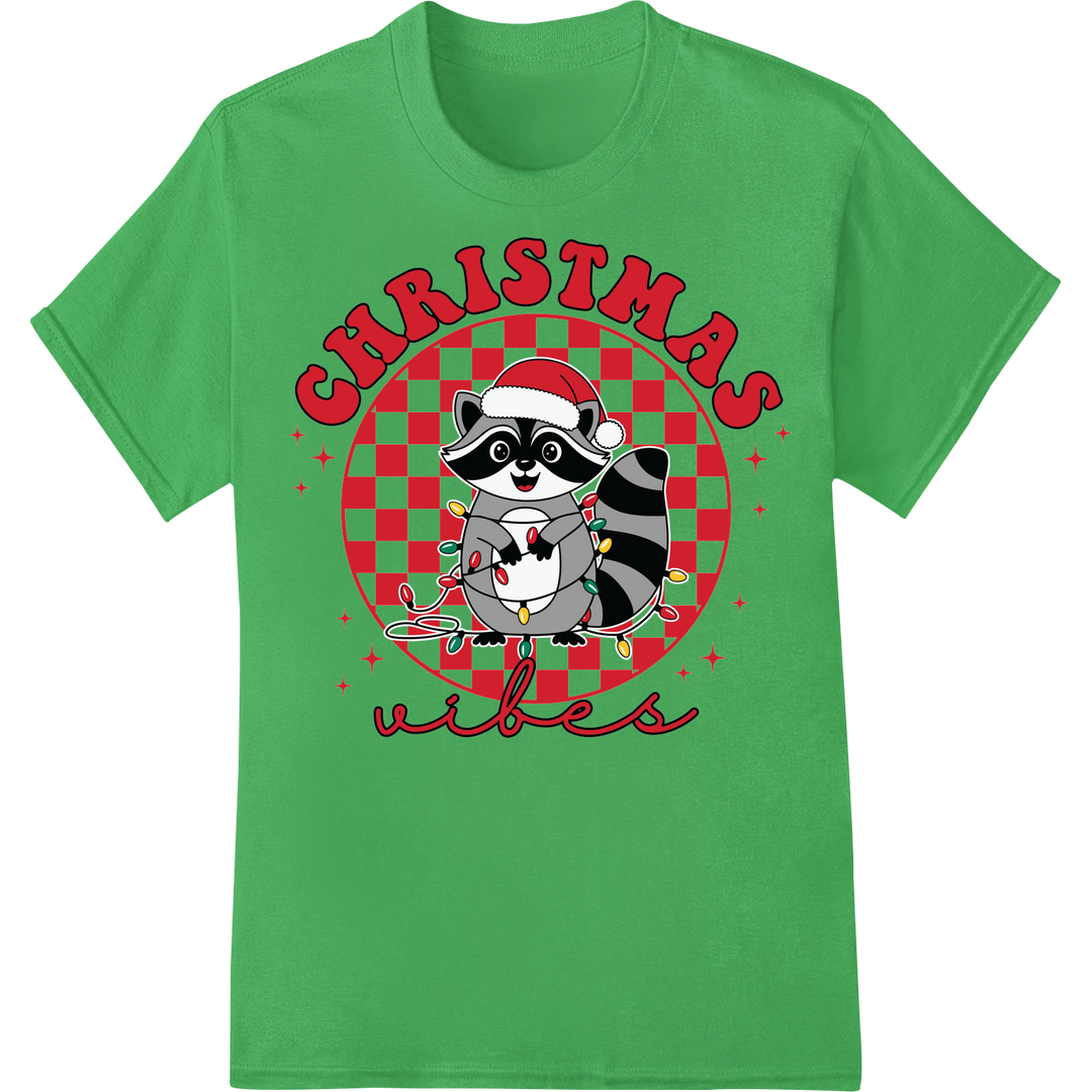 Festive Raccoon: Adorable Christmas Cheer DTF Print on green shirt - SUPERDTF-DTF Prints-DTF Transfers-Custom DTF Prints